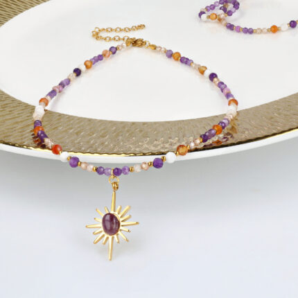 Naszyjnik Choker z Ametystem, Agatem pomarańczowym, Kamieniem księżycowym, Cyrkonią szampańską