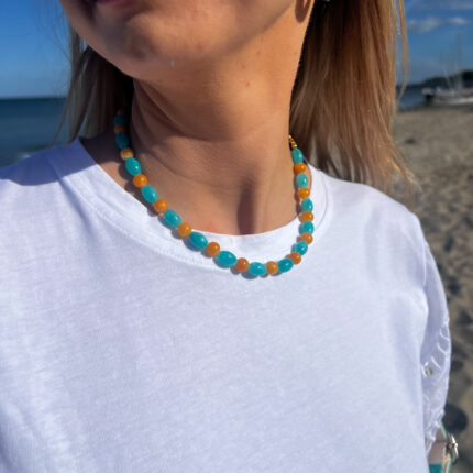 Naszyjnik Choker Jadeit Pomarańczowy, Jadeit Niebieski